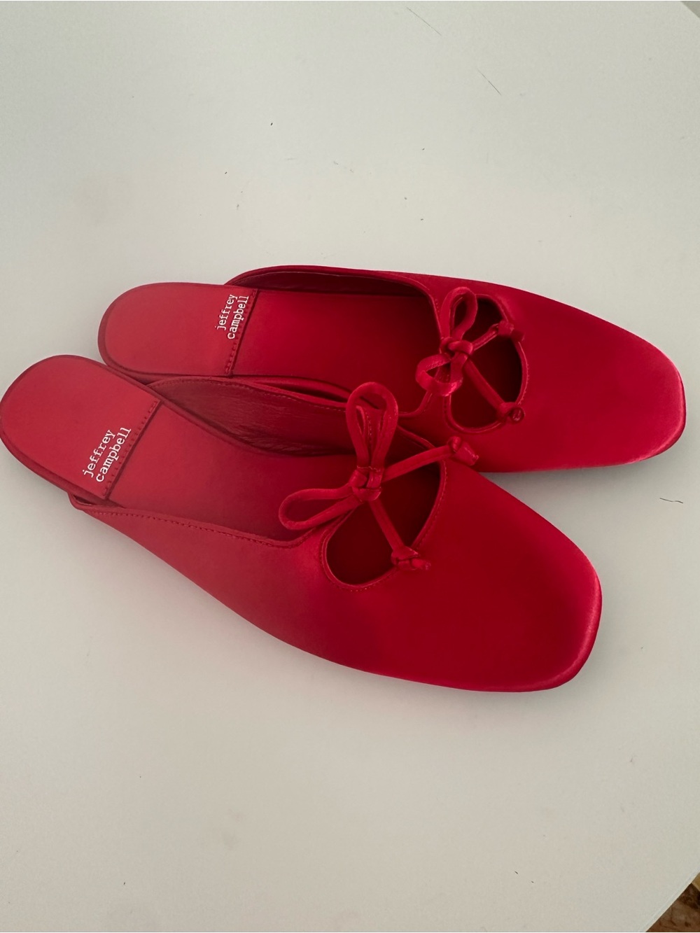 Jeffrey Campbell Elaine Ballet Mules Red Satin Square Toe Bow Flats Shoes 9-New